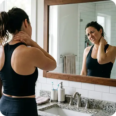 Femme en tenue de sport qui se regarde dans le miroir en se tenant le nuque à cause de douleurs de courbatures