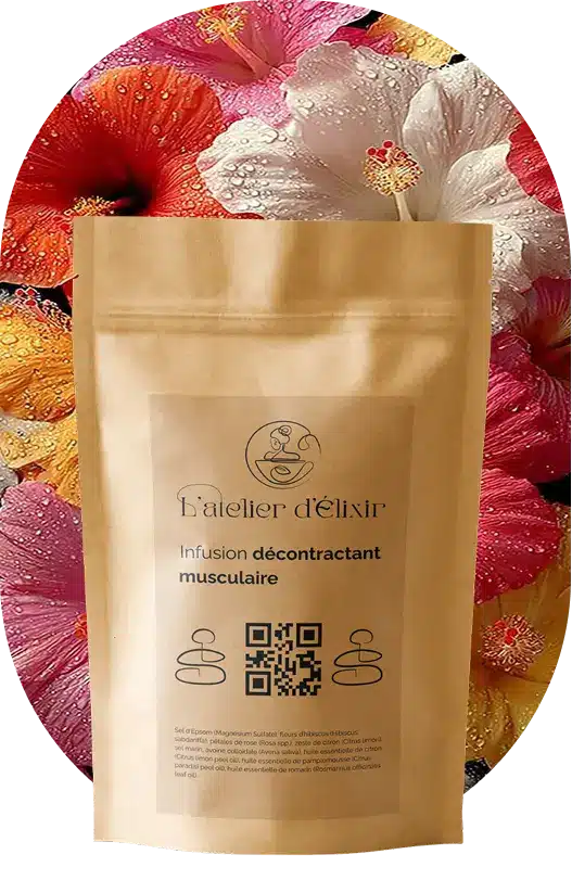 Sachet d'infusion pour le bain en kraft sur un champ de fleurs d'arnica
